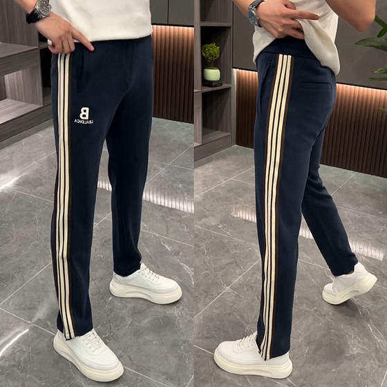 
Autumn and winter new style spliced ​​striped fashion casual pants for men, plus velvet, high-end simple elastic trendy straight pants for small feet