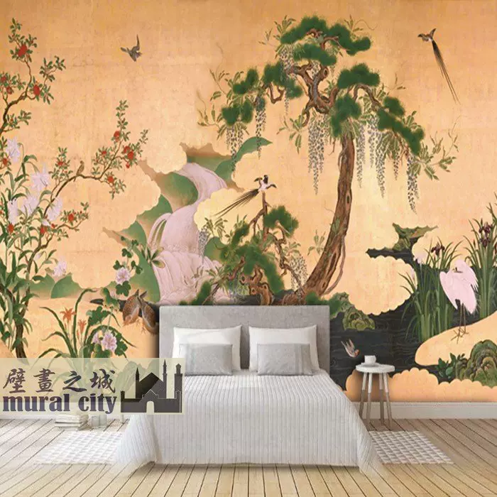 日本狩野派和风屏风墙纸日式花鸟日系水墨画松柏春夏图壁纸