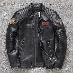 
Harley motorcycle style stand collar genuine leather jacket for men, short slim fit first layer cowhide jacket