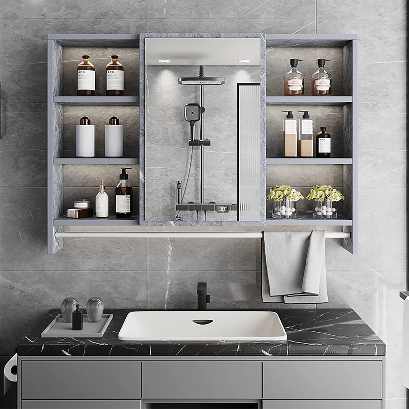 Tủ gương phòng tắm Tủ đựng đồ phòng tắm riêng Gương trang điểm phòng tắm treo tường có giá để đồ tích hợp gương tròn để bàn