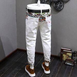 
European and American trendy white camouflage embroidered nine-point jeans for men in autumn Korean version of ripped elastic slim feet