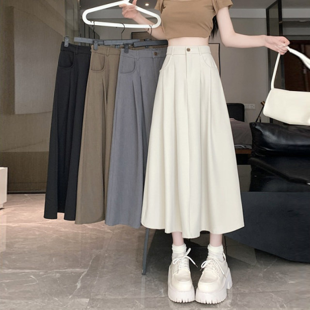 Rice white suit fabric skirt women's summer versatile leisure A -line skirt high waist slimming middle long skirt
