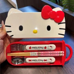 Hello Kt Chopsticks and Spoon Set, One-Person Dining Utensils with Storage Box, Portable Student Stainless Steel Chopsticks and Spoon Three-Piece Set