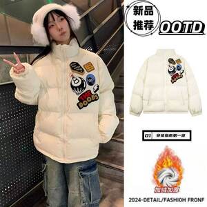 
Trendy brand American retro printed cotton coat men's winter thickened loose warm couple style bread coat trendy