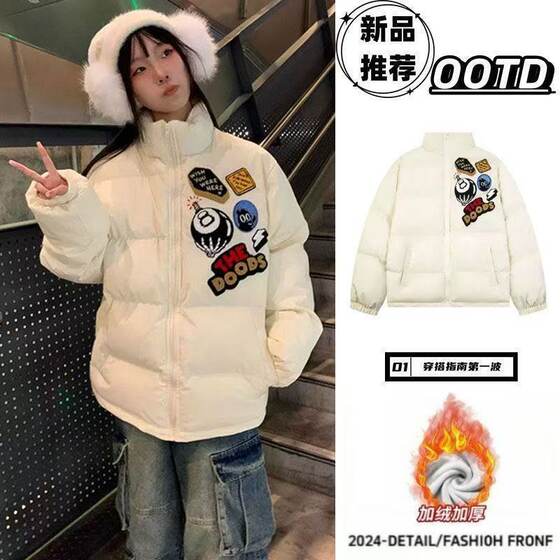 
Trendy brand American retro printed cotton coat men's winter thickened loose warm couple style bread coat trendy