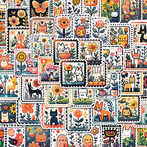 50 retro -style small animal plant stamp stickers handbook handbook mobile phone shell laptop decorative waterproof stickers
