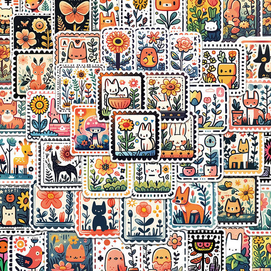 50 retro -style small animal plant stamp stickers handbook handbook mobile phone shell laptop decorative waterproof stickers
