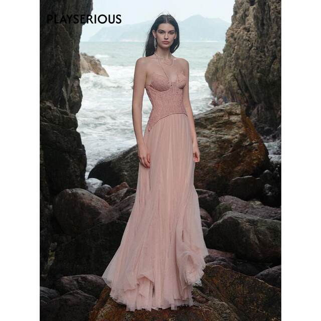 Sheer Luck 25 Spring and Summer New Lace Fishbone Strapbreast Mesh Dress