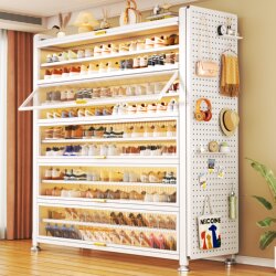 Steel Shoe Cabinet, Entryway Storage Cabinet, Integrated Wall-Mounted Design, One Ladder, One Unit, Large Capacity, Multi-Layer, Flip-Up Doors, Dust-Proof Shoe Rack