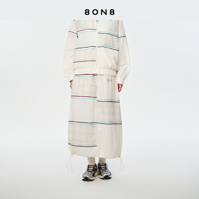 8ON8 white plaid spliced ​​nylon skirt 2025 spring new midi skirt A-line skirt casual and fashionable
