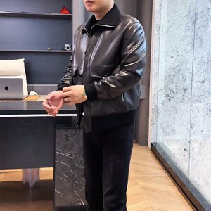 
25017 autumn and winter men's new high-luxury fake two-piece knitted collar pure leather leather jacket with fashionable quality