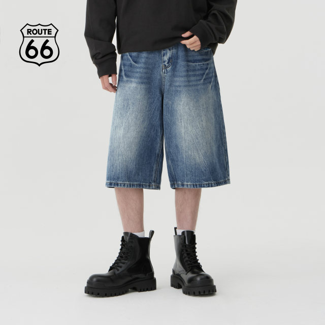 
Route66/66 Summer Crack Denim Shorts Men's American Retro Cropped Pants Summer Wide Legs