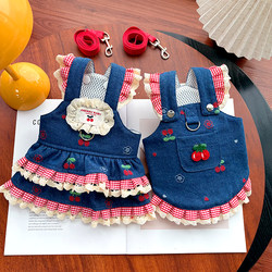 Spring and Summer Denim Cherry Couple Suspender Skirt Pet Dog and Cat Clothing Supplies for Teddy and Bichon for Going Out and Walking