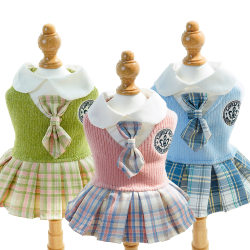 Pet Autumn and Winter Knitted Plaid Dress for Small and Medium-Sized Dogs, Teddy Dogs, and Cats Clothing Supplies