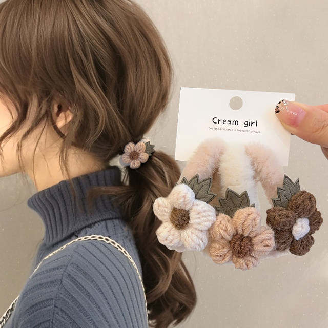 Knitted flower hairband plush headband for women 2025 new autumn and winter low ponytail hairband rubber band high elasticity and durability