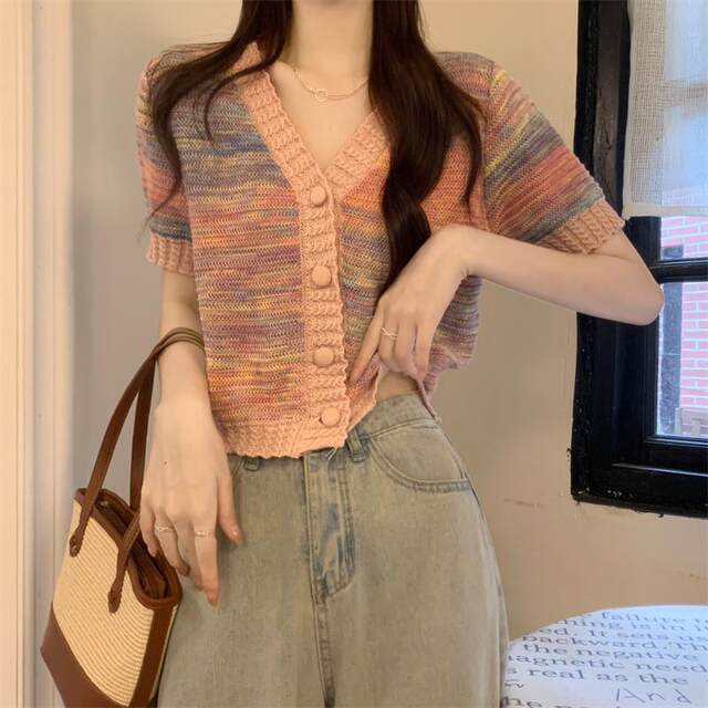 
Colorful V-neck Short Short Sleeve T-shirt for Women's Summer 2025 New High-end Rainbow Dopamine Ice Silk Knitted Half-Sleeve Top
