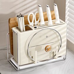 Domi's New Kitchen Knife Holder Storage Rack, Multifunctional Countertop Knife and Chopstick Holder, Cutting Board Integrated Knife Storage Rack
