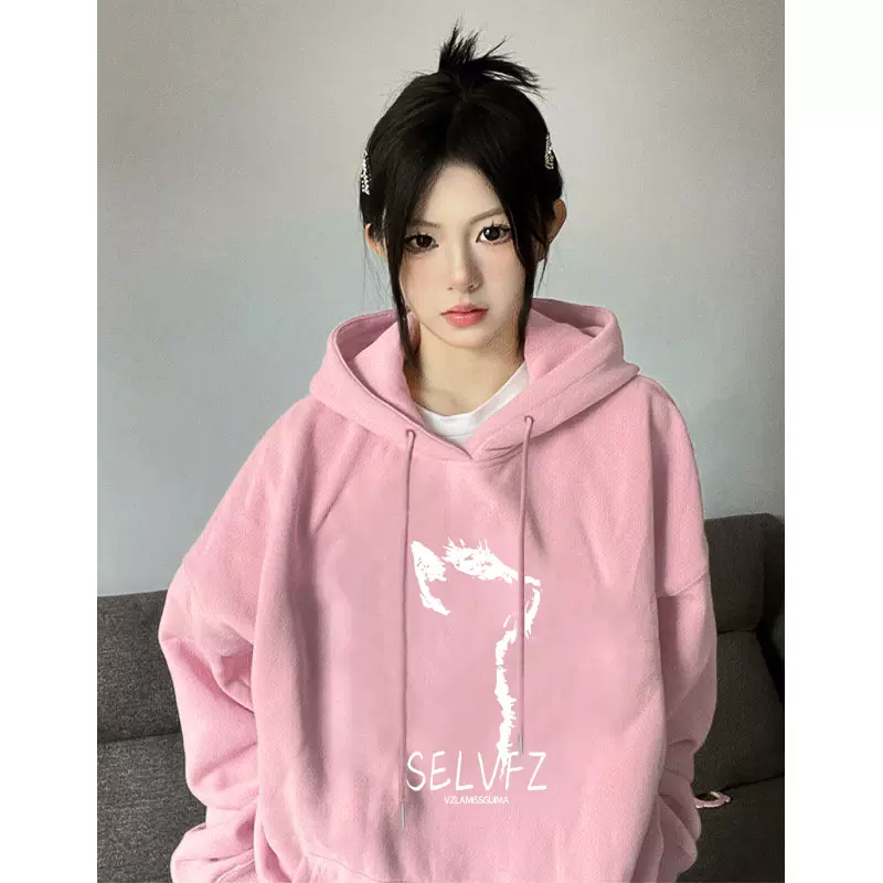 粉红色加绒加厚连帽卫衣女2023新款冬季美式高街小众外套上衣女-Taobao