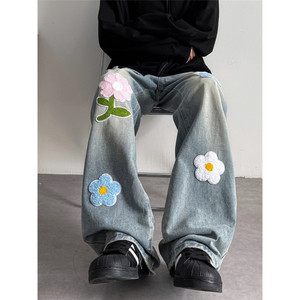 
Extra large size 300*0.5kg Chinese fashion American flower embroidered jeans for men spring and autumn trendy brand loose straight wide leg trousers 2