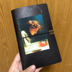 Retro Black Leather A6 Personal Loose-Leaf Notebook with Brown Text, Literary Diary