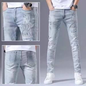 High end stretch jeans men's trendy summer thin cut, perforated embroidery, slim fit, light colored, versatile long pants