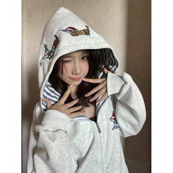 American Retro Sausage Dog Embroidered Faux Two-Piece Sweatshirt for Women, Spring, Autumn, and Winter, Fleece-Lined, Loose, Lazy Style Cardigan Jacket