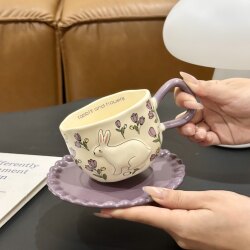 Cute Rabbit Flower Ceramic Mug Gift for Best Friend, High-Value Coffee Cup and Saucer Set with Cartoon Rabbit Pattern
