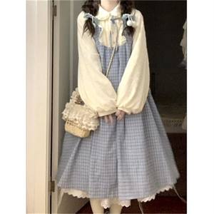 Fat potato large size autumn and winter doll collar blue dress with long sleeves plaid super fairy new Chinese A-line skirt fake two pieces
