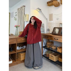
Fat potato large size retro burgundy sweater coat autumn and winter gentle bow loose and versatile casual knitted cardigan