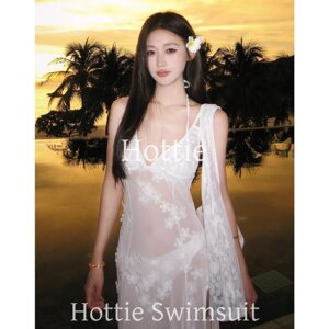 
Niche high-end white three-dimensional flower split bikini island vacation sexy slim long skirt swimsuit