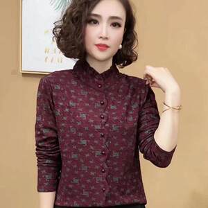 
New autumn and winter velvet shirt printed with warm bottoming long sleeves shirt half high neck shirt mother top