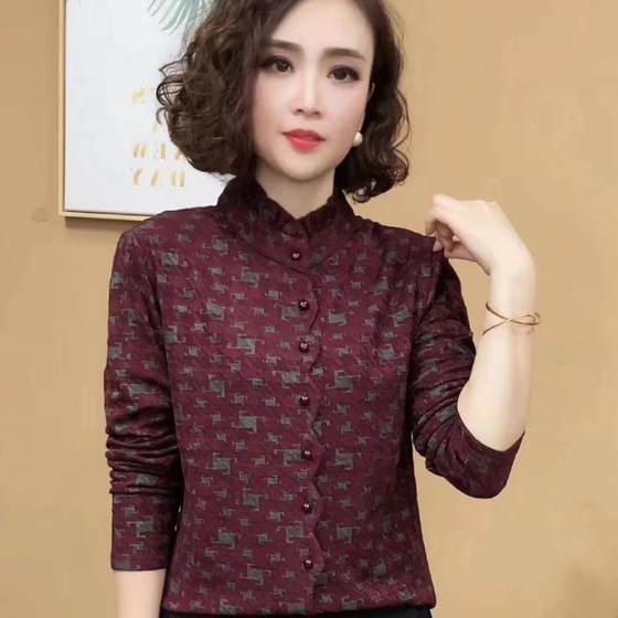 
New autumn and winter velvet shirt printed with warm bottoming long sleeves shirt half high neck shirt mother top