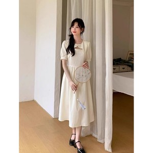 South Korea Chic summer retro new Chinese -style plate buckle design sense pattern pure color high waist thin short sleeve dress female
