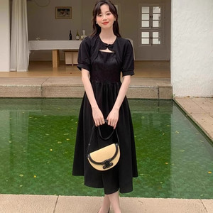 South Korea Chic summer retro new Chinese -style plate buckle design sense pattern pure color high waist thin short sleeve dress female
