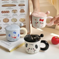 Ceramic Mug with Lid and Spoon, High-Looking Cup for Home Use, Cute Water Cup for Girls, Couple Coffee Breakfast Cup