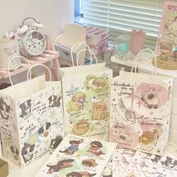 Original Hand-Painted Small Animal Gift Tote Paper Bag, High-Value Cartoon Birthday Gift Bag, Cute Kraft Paper Bag