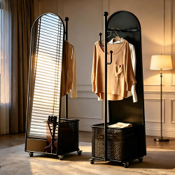 Xiangsique Movable Dressing Mirror with Integrated Clothes Rack, Full-Length Mirror for Home Bedroom, Dirty Laundry Basket, Coat Rack, Floor Mirror