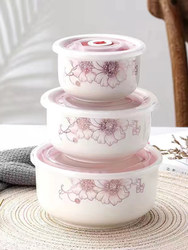 Ceramic Food Storage Bowl Three-Piece Set with Lid, Lunch Box, Sealed Food Storage Container, Microwave-Safe, Large Student Noodle Bowl