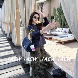 Iaew Counter~ Sanskrit Print Long-Sleeve T-Shirt for Women, Autumn Color-Blocked Ribbon Round Neck Striped Mid-Length Sleeve Sun Protection Top