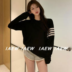 Exclusive Store Display~ Classic Pure and Alluring Four-Stripe Lazy Style Long-Sleeve T-Shirt for Women, Loose Thin Blouse, Base Layer Top