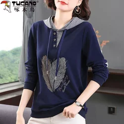 Woodpecker Genuine 2025 Spring New Color-Blocked Hooded Sweatshirt for Women, Casual Korean Style Slimming Long-Sleeve Top, Trendy