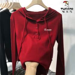 Woodpecker Genuine Versatile Thin Top 2024 Autumn New Pullover Long-Sleeve Hooded T-Shirt for Women ins Fashion