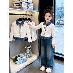 Girls' Spring T-Shirt 2026 New Style Kidsren's Early Spring Clothing Girls' Polo Collar Fake Two-Piece Cardigan Top
