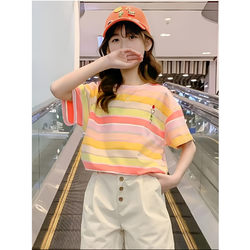 Girls' Short-Sleeved T-Shirt Summer 2025 New Children's Clothing Big Kids Summer Wear Girls' Half-Sleeve Striped T-Shirt 7 Years Old