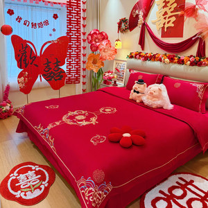 
Princess Style Wedding Four-Piece Set Big Red Dragon Phoenix Bedding Full Cotton Pure Cotton Wedding Quilt Dow Bedding