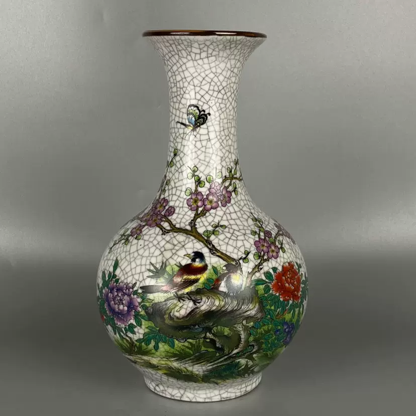 乾隆粉彩开片花鸟鸟语花香赏瓶民间古董老花瓶老瓷器收藏
