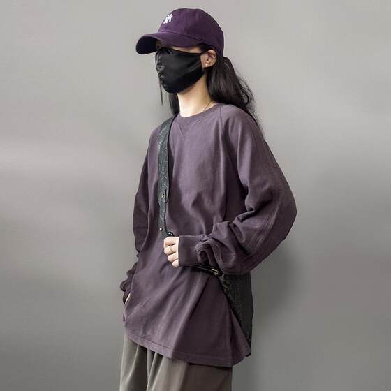 
Reverse shell NZ American retro long-sleeved T-shirt purple large size heavy 100 pure cotton loose rag-sleeved sleeves men and women thin sweatshirt