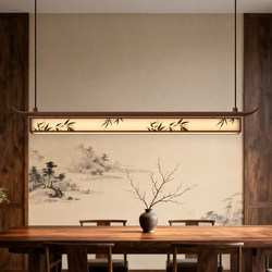 Song Dynasty Aesthetic Restaurant Bar Counter Chandelier, Extra-Long Dining Table Minimalist Linear Light, Solid Wood Fabric Tea Room Long Chandelier