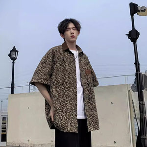 
American vintage leopard print short-sleeved shirt for men 2024 summer new style handsome trendy brand loose five-quarter sleeve shirt