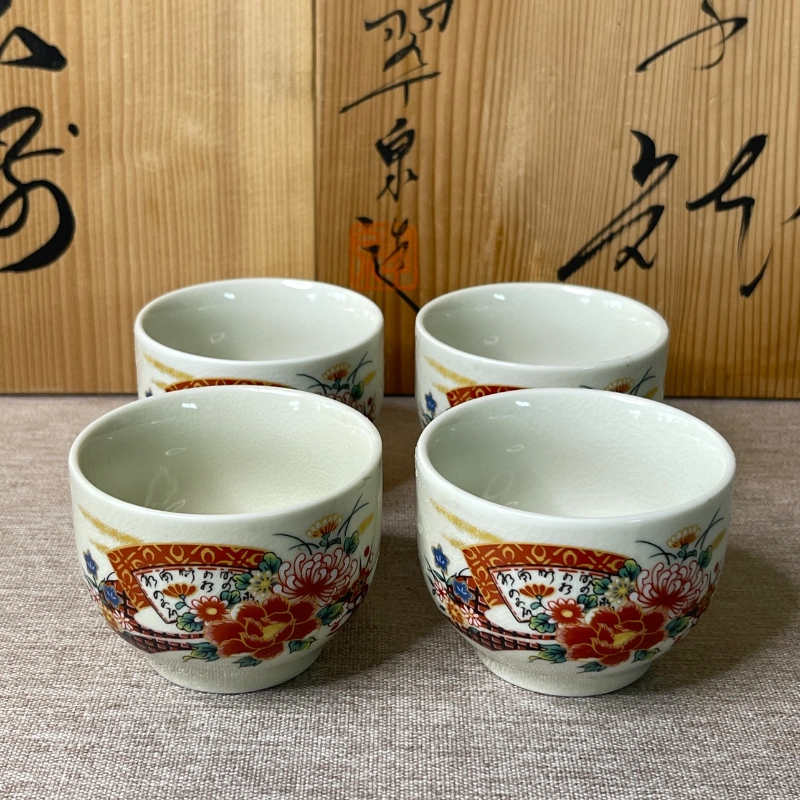 日本九谷釉上彩手绘花绘茶杯四杯，汤吞茶碗主人杯茶具茶道具-Taobao